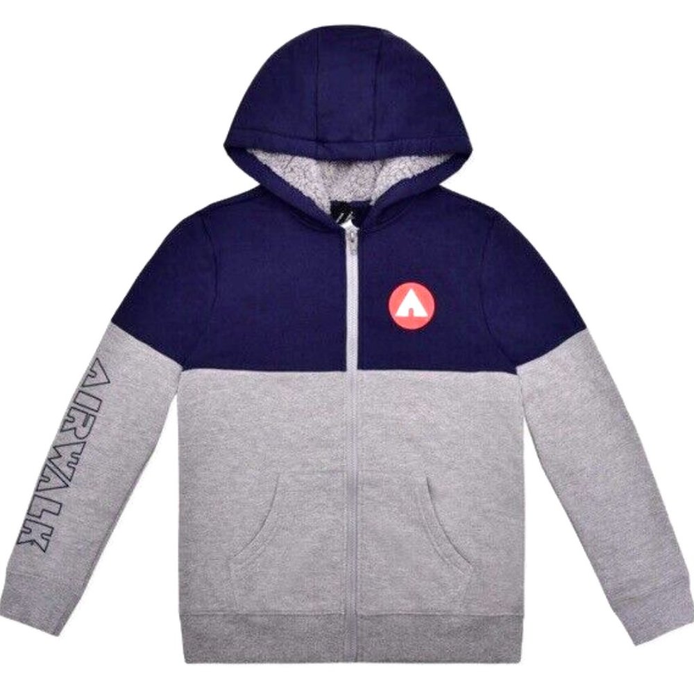 AIRWALK Large Youth Boys Gray Black Sherpa Fleece Zipper Hoodie NWT